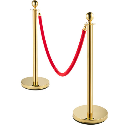 Set of 2 Gold Round Top Queue Control Barrier Posts Stands Security Stanchion Rope Divider Stainless Steel with 1.5M Red 3 Velvet Rope 4 Pack