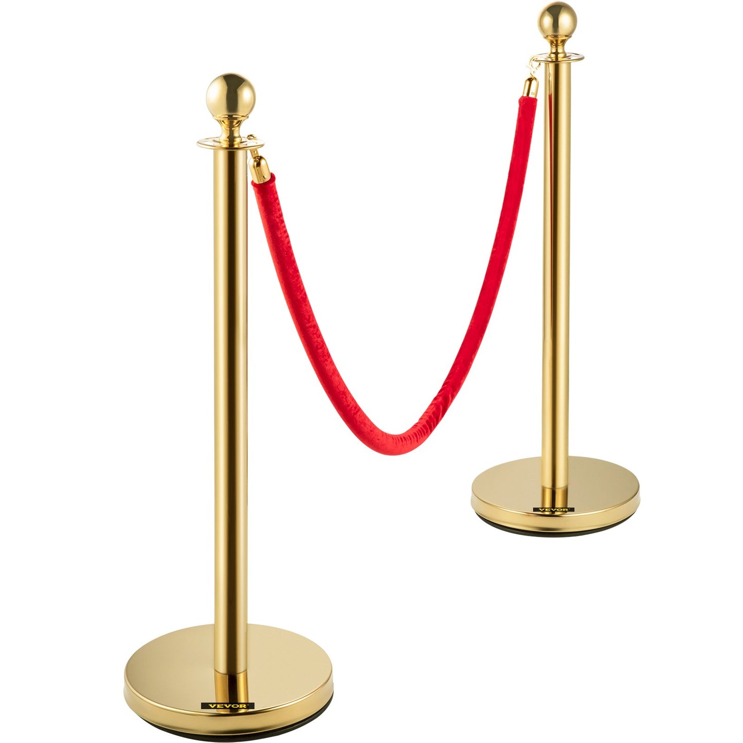 Set of 2 Gold Round Top Queue Control Barrier Posts Stands Security Stanchion Rope Divider Stainless Steel with 1.5M Red 3 Velvet Rope 4 Pack