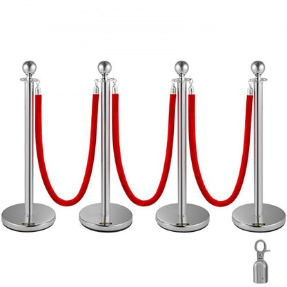4 Pack Retractable Silver Round Top Stanchion Post Queue Crowd Control Barrier Posts Line Pole with 1.5M Red 2 Velvet Rope
