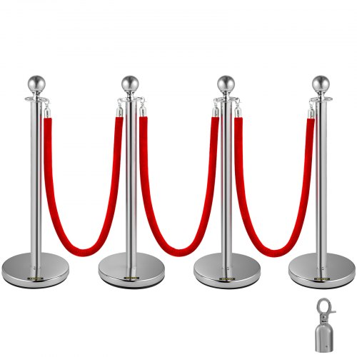 4 Pack Retractable Silver Round Top Stanchion Post Queue Crowd Control Barrier Posts Line Pole with 1.5M Red 2 Velvet Rope