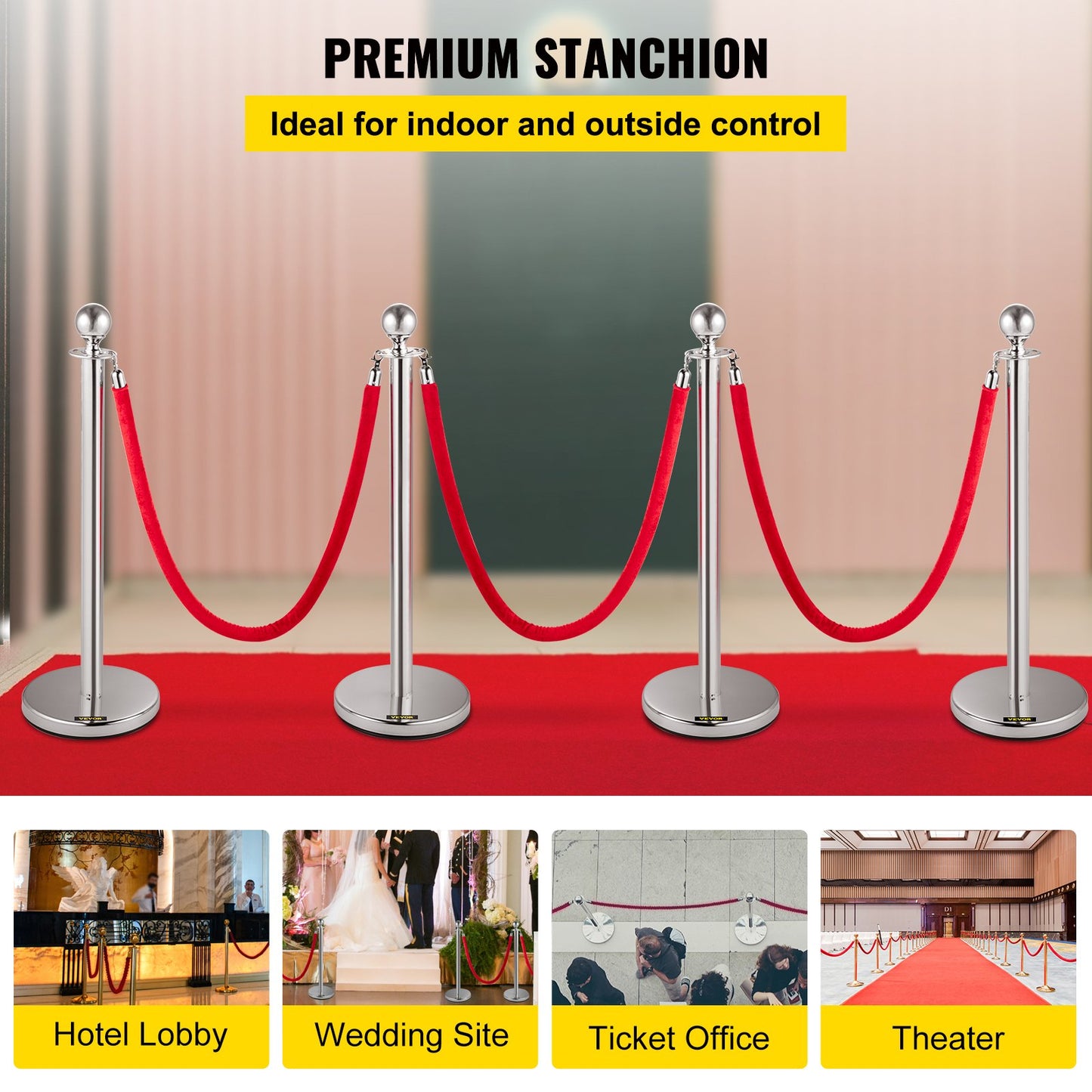 4 Pack Retractable Silver Round Top Stanchion Post Queue Crowd Control Barrier Posts Line Pole with 1.5M Red 2 Velvet Rope
