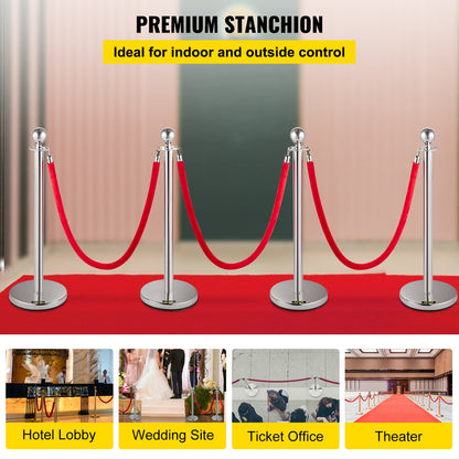 4 Pack Retractable Silver Round Top Stanchion Post Queue Crowd Control Barrier Posts Line Pole with 1.5M Red 2 Velvet Rope