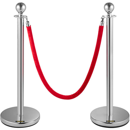4 Pack Retractable Silver Round Top Stanchion Post Queue Crowd Control Barrier Posts Line Pole with 1.5M Red 2 Velvet Rope