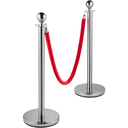 4 Pack Retractable Silver Round Top Stanchion Post Queue Crowd Control Barrier Posts Line Pole with 1.5M Red 2 Velvet Rope