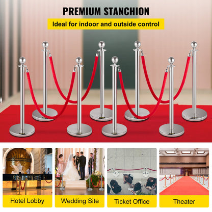 Crowd Control Stanchion, Set of 8 Pieces Stanchion Set, Stanchion Set with 5 ft/1.5 m Red Velvet Rope, Silver Crowd Control Barrier with Sturdy Concrete and Metal Base – Easy Connect Assembly