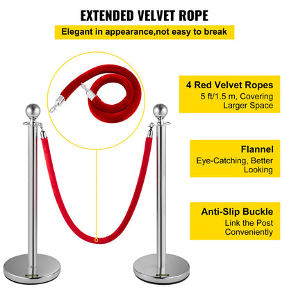 Crowd Control Stanchion, Set of 8 Pieces Stanchion Set, Stanchion Set with 5 ft/1.5 m Red Velvet Rope, Silver Crowd Control Barrier with Sturdy Concrete and Metal Base – Easy Connect Assembly
