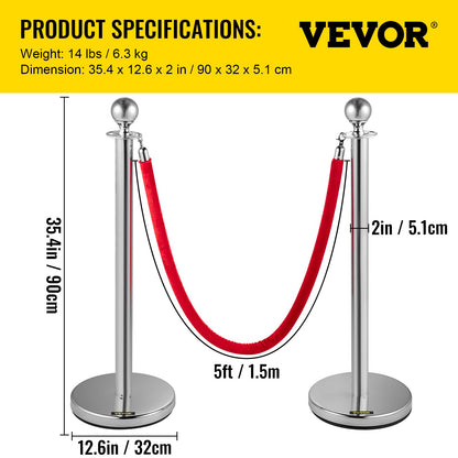 Crowd Control Stanchion, Set of 8 Pieces Stanchion Set, Stanchion Set with 5 ft/1.5 m Red Velvet Rope, Silver Crowd Control Barrier with Sturdy Concrete and Metal Base – Easy Connect Assembly