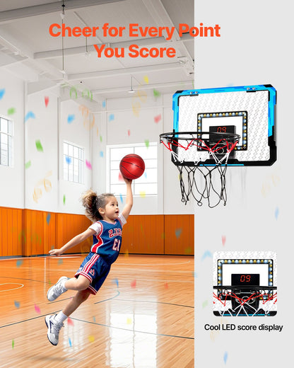 Kids Basketball Hoop, Mini Basketball Goal with Electronic Scoreboard, Over The Door Basketball Hoop with Scoring & Music Accompaniment Functions, LED Light, Indoor Basketball Hoop for Kids 3+