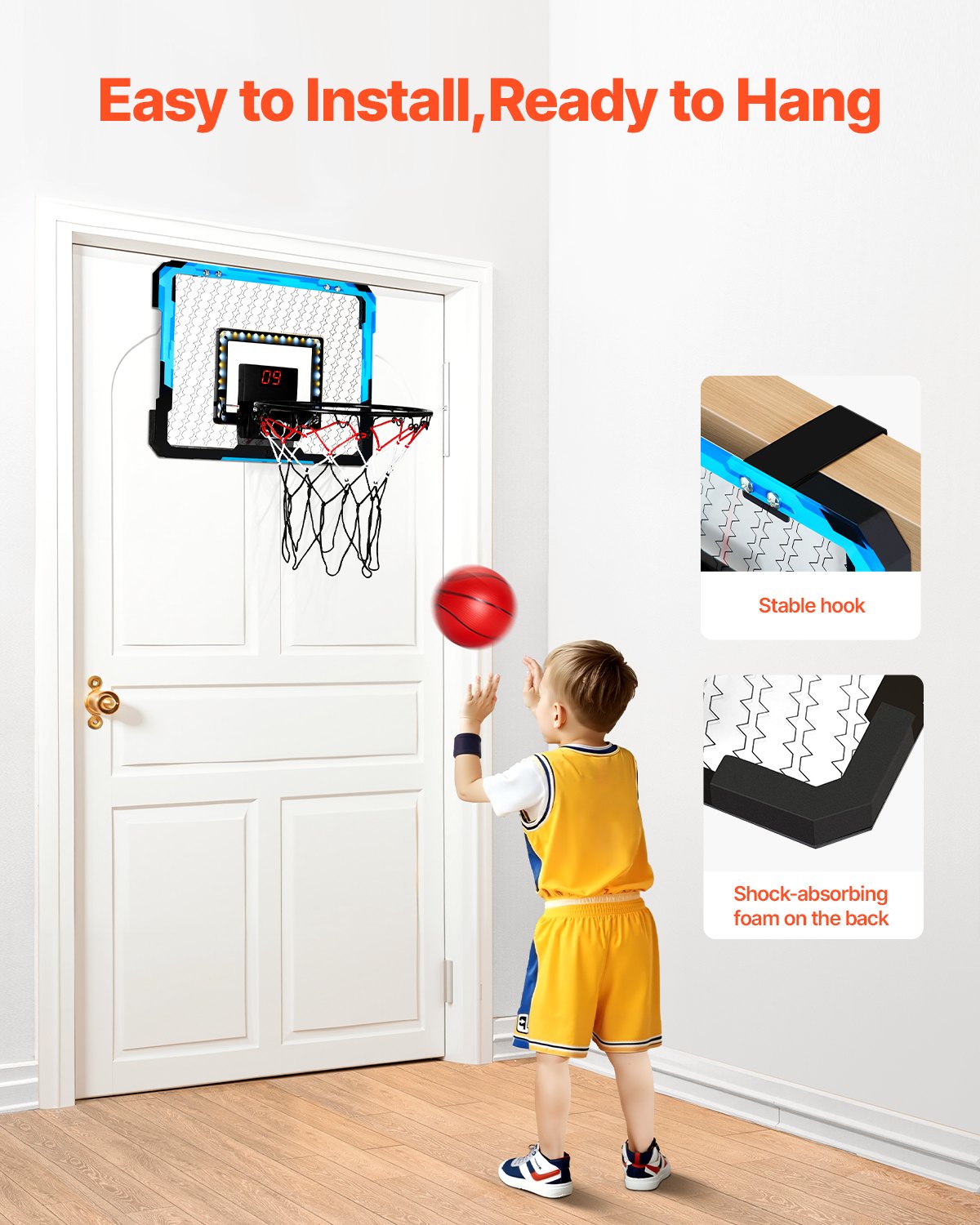 Kids Basketball Hoop, Mini Basketball Goal with Electronic Scoreboard, Over The Door Basketball Hoop with Scoring & Music Accompaniment Functions, LED Light, Indoor Basketball Hoop for Kids 3+