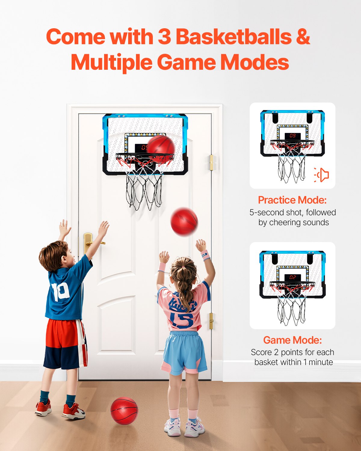 Kids Basketball Hoop, Mini Basketball Goal with Electronic Scoreboard, Over The Door Basketball Hoop with Scoring & Music Accompaniment Functions, LED Light, Indoor Basketball Hoop for Kids 3+