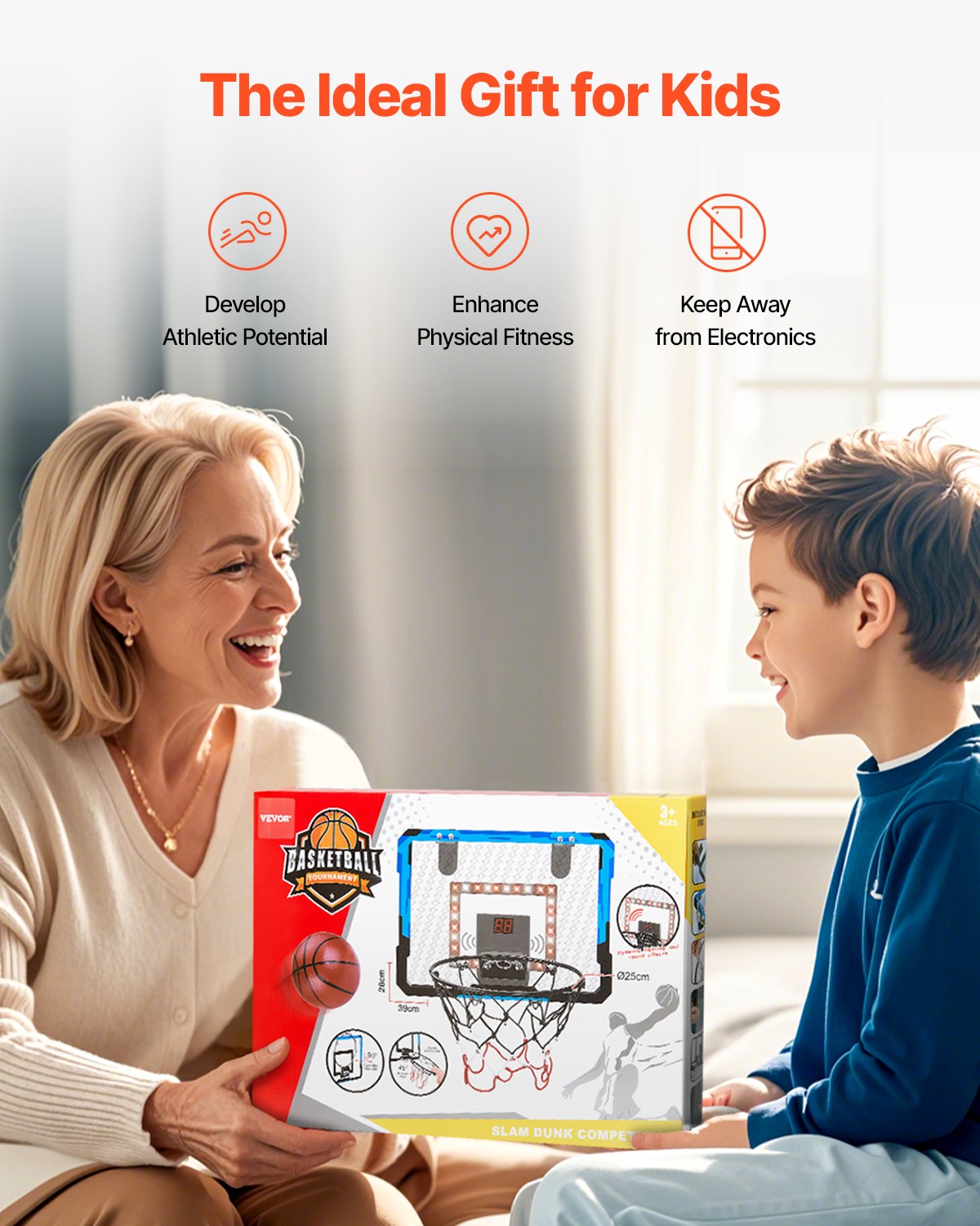 Kids Basketball Hoop, Mini Basketball Goal with Electronic Scoreboard, Over The Door Basketball Hoop with Scoring & Music Accompaniment Functions, LED Light, Indoor Basketball Hoop for Kids 3+