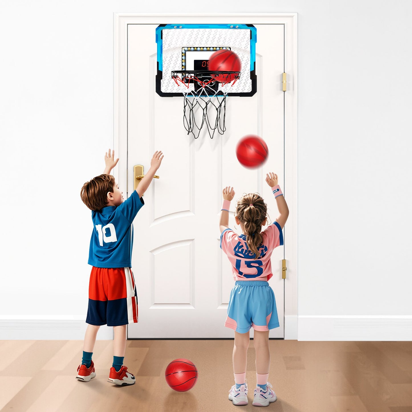 Kids Basketball Hoop, Mini Basketball Goal with Electronic Scoreboard, Over The Door Basketball Hoop with Scoring & Music Accompaniment Functions, LED Light, Indoor Basketball Hoop for Kids 3+