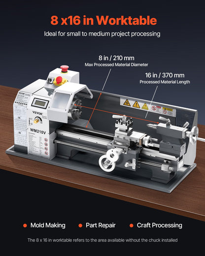 Metal Lathe, 203 x 406 mm(8 x 16 in), 550W Benchtop Lathe Machine, 0-2500 RPM Variable Speed, with 0.0076 mm(0.0003 in) Spindle Accuracy Metal Gear, for Processing Precision Parts Imperial/Metric Thread Soft Metals Wood
