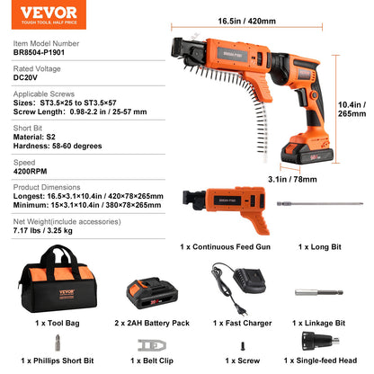 Drywall Screw Gun Auto-Feed, 20V Max Collated Drywall Screwgun, 4200RPM Brushless Cordless Drywall Gun Kit with 2 Battery Packs, Charger, Belt Clip, Tool Bag, Screw Length and Depth Adjustable