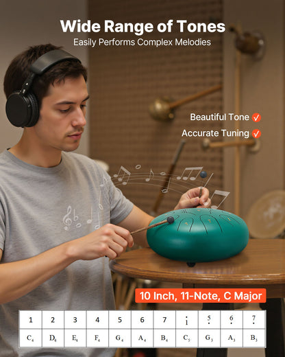 Stahltrommel, 25,4 cm, 11 Töne, Regentrommel für den Garten, C-Dur, mit Notenbuch und Schlägeln, Perkussionsinstrument für Meditation, Yoga und musikalische Anfängerausbildung, Grün