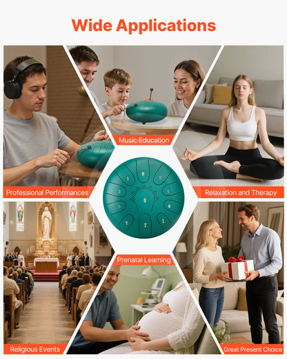 Stahltrommel, 25,4 cm, 11 Töne, Regentrommel für den Garten, C-Dur, mit Notenbuch und Schlägeln, Perkussionsinstrument für Meditation, Yoga und musikalische Anfängerausbildung, Grün