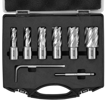 Annular Cutter Set, 6 pcs Weldon Shank Mag Drill Bits, 2.5 cm Cutting Depth, 1.27 to 1-2.7 cm Cutting Diameter, M2AL High-Speed Steel, with Pilot Pin and Portable Case, for Using with Magnetic Drills