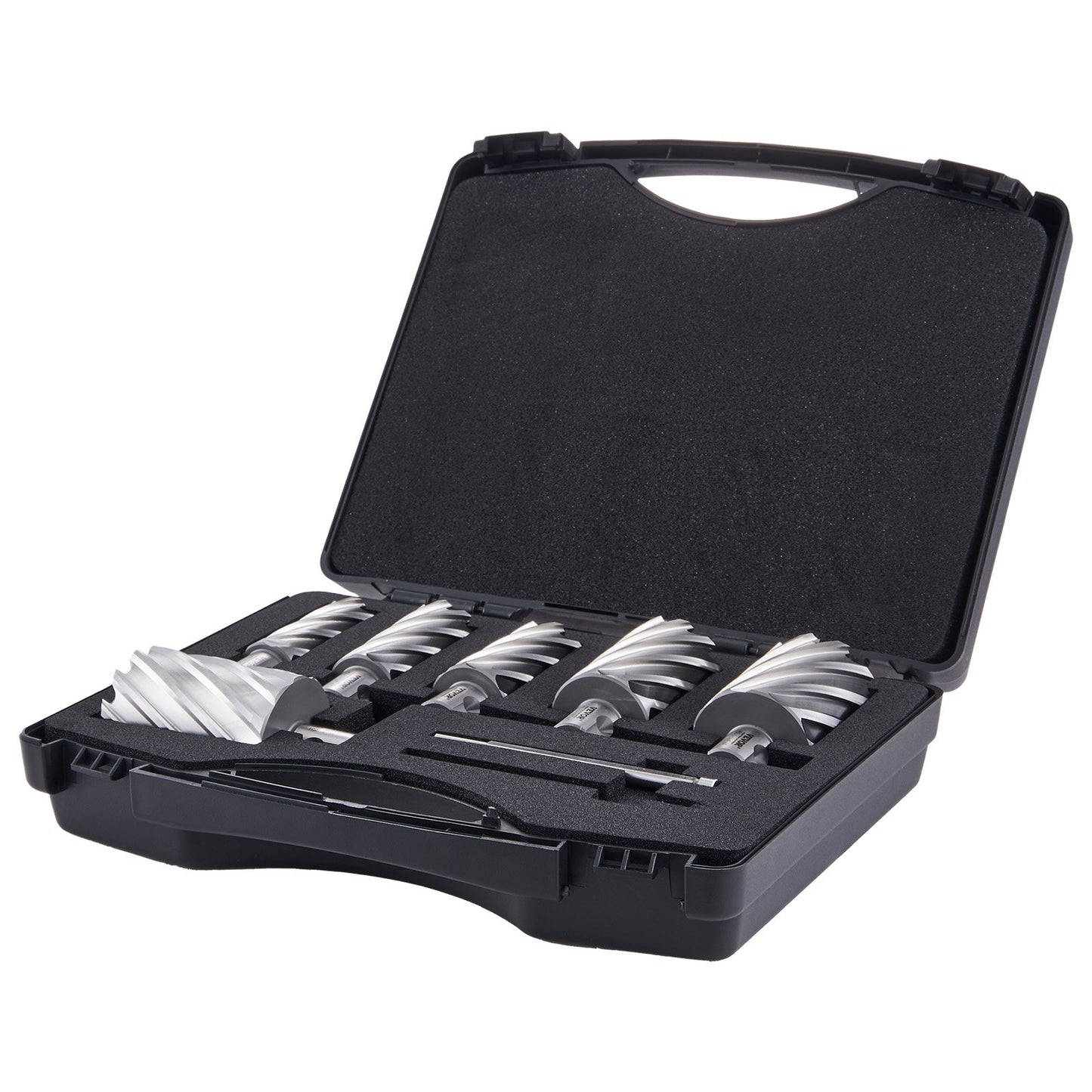 Ringbohrer-Set, 6-teilig, Universal-Schaft-Magnetbohrer, 5,1 cm Schnitttiefe, 2,5 bis 5,1 cm Schnittdurchmesser, M2AL-Schnellarbeitsstahl, mit 2 Zentrierstiften und Tragekoffer, zur Verwendung mit Magnetbohrmaschinen