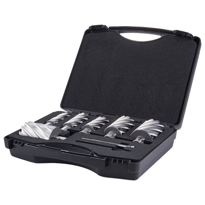 Ringbohrer-Set, 6-teilig, Universal-Schaft-Magnetbohrer, 5,1 cm Schnitttiefe, 2,5 bis 5,1 cm Schnittdurchmesser, M2AL-Schnellarbeitsstahl, mit 2 Zentrierstiften und Tragekoffer, zur Verwendung mit Magnetbohrmaschinen
