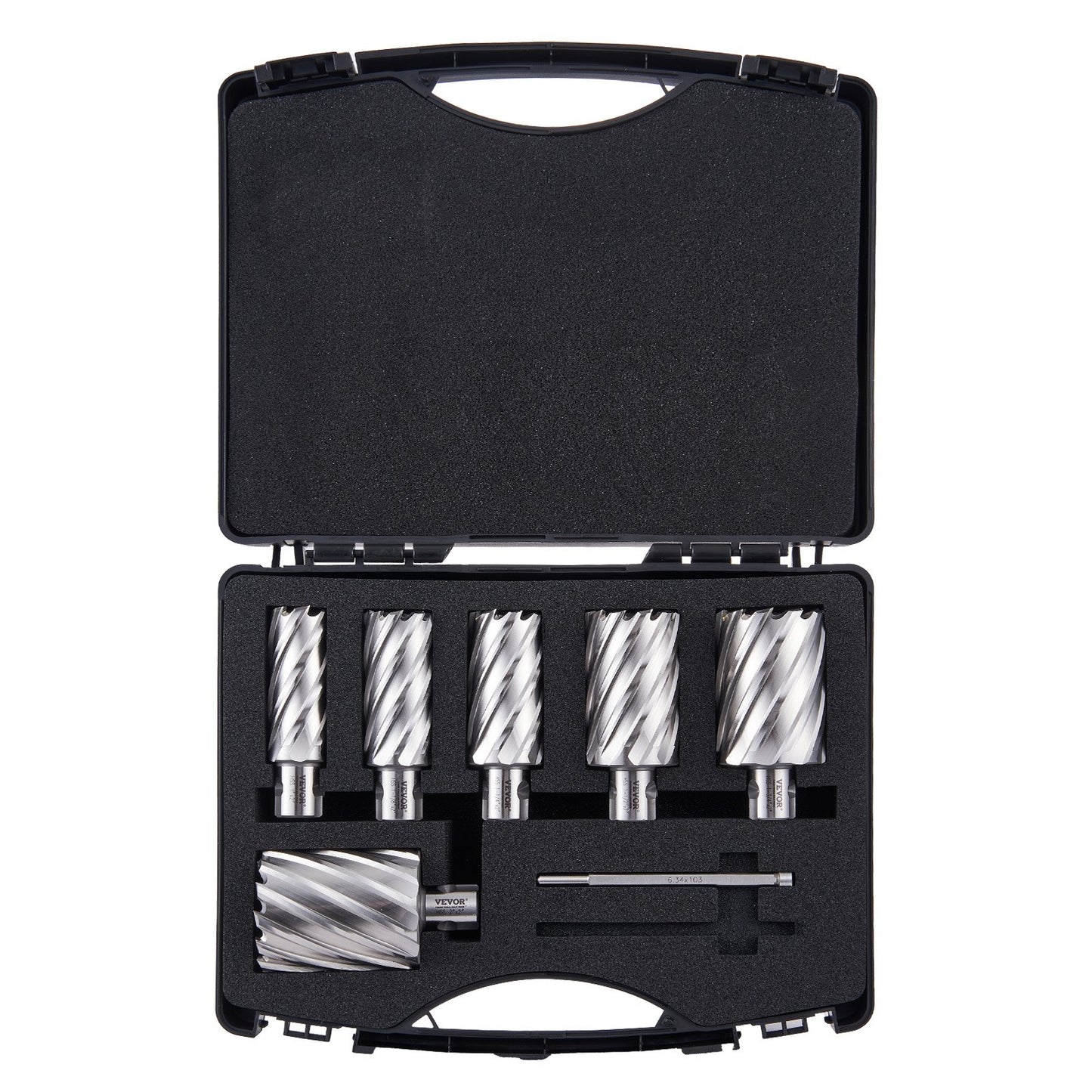Ringbohrer-Set, 6-teilig, Universal-Schaft-Magnetbohrer, 5,1 cm Schnitttiefe, 2,5 bis 5,1 cm Schnittdurchmesser, M2AL-Schnellarbeitsstahl, mit 2 Zentrierstiften und Tragekoffer, zur Verwendung mit Magnetbohrmaschinen