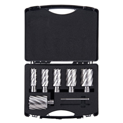 Ringbohrer-Set, 6-teilig, Universal-Schaft-Magnetbohrer, 5,1 cm Schnitttiefe, 2,5 bis 5,1 cm Schnittdurchmesser, M2AL-Schnellarbeitsstahl, mit 2 Zentrierstiften und Tragekoffer, zur Verwendung mit Magnetbohrmaschinen