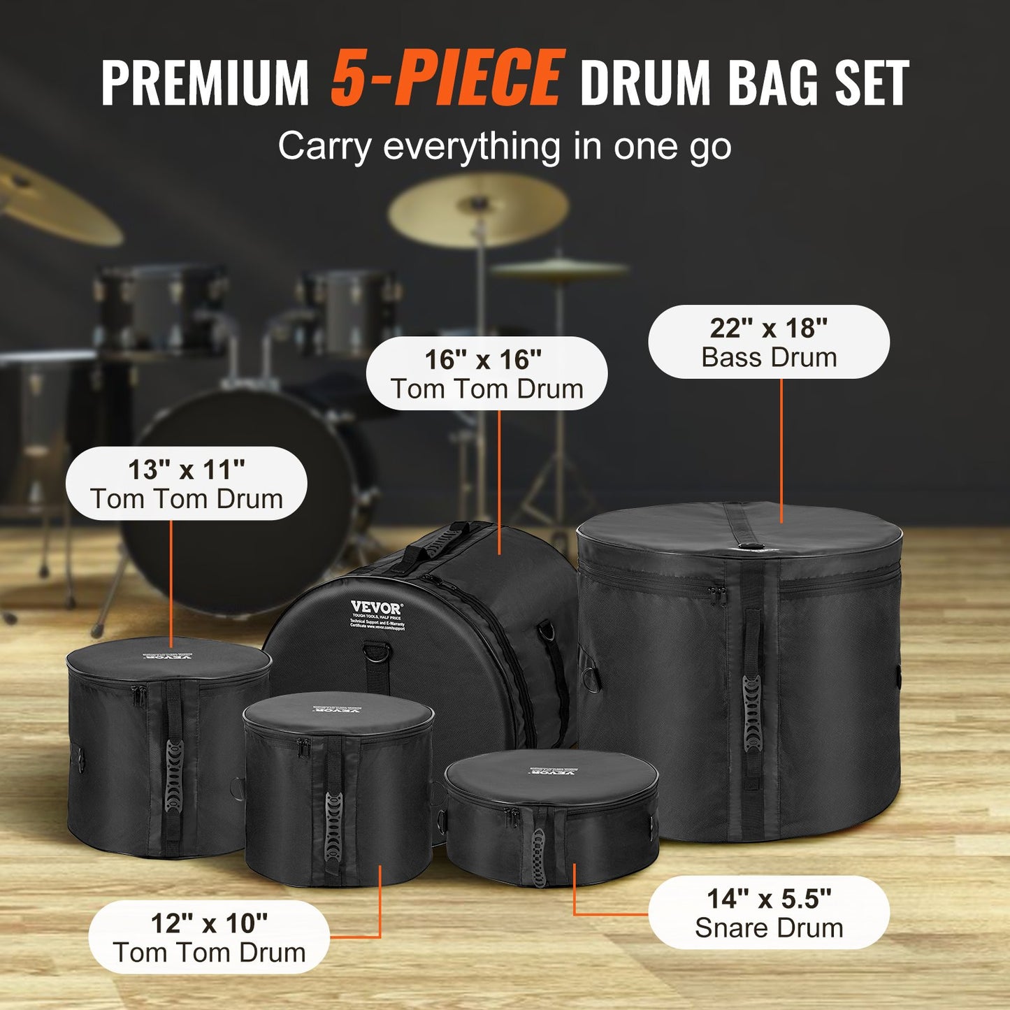 5-Piece Drum Bag Set, 1680D Oxford Fabric, Padded Drum Bags and Cases with 4.92 ft Detachable Shoulder Strap Carry Handles Foldable Design, for 22'' Kick 12'' Tom 13'' Tom 16'' Tom 14'' Snare