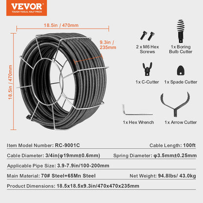 Drain Cleaning Cable 100 FT x 3/4 Inch, Solid Core Steel Drain Cleaner Cable with 4 Cutters for 3.9" to 7.9" Pipes, Professional Inner Core Sewer Drain Auger Cable for Sink, Floor Drain, Toilet