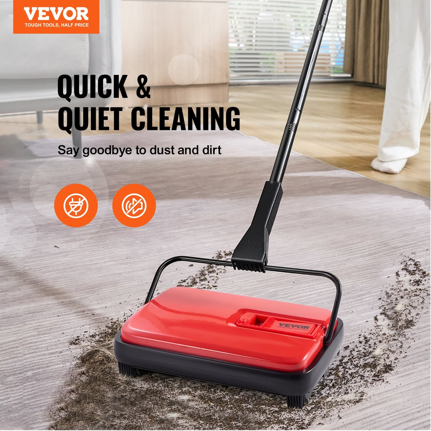 Carpet Sweeper Manual, Floor Sweeper with 300 ml Dustbin Capacity Easy to Empty, 17 cm Cleaning Width for Home Office Carpets Pet Hair Dust, Red