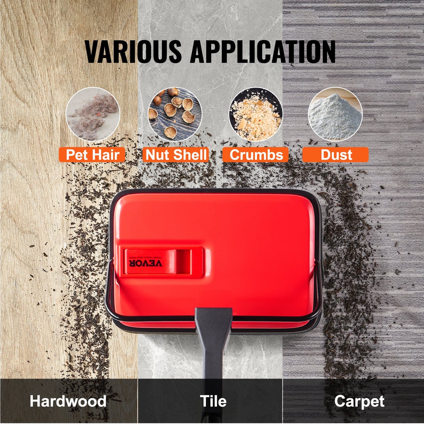 Carpet Sweeper Manual, Floor Sweeper with 300 ml Dustbin Capacity Easy to Empty, 17 cm Cleaning Width for Home Office Carpets Pet Hair Dust, Red