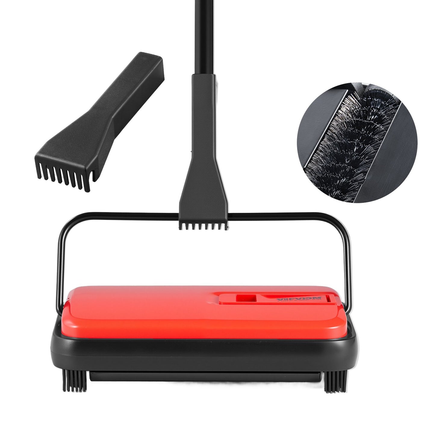 Carpet Sweeper Manual, Floor Sweeper with 300 ml Dustbin Capacity Easy to Empty, 17 cm Cleaning Width for Home Office Carpets Pet Hair Dust, Red