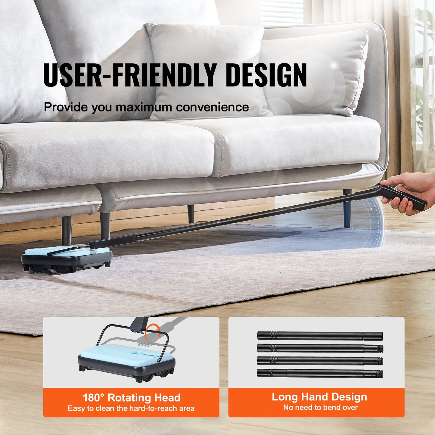 Carpet Sweeper Manual, Floor Sweeper with 300 ml Dustbin Capacity Easy to Empty, 17 cm Cleaning Width for Home Office Carpets Pet Hair Dust, Blue