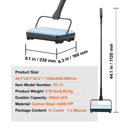 Carpet Sweeper Manual, Floor Sweeper with 300 ml Dustbin Capacity Easy to Empty, 17 cm Cleaning Width for Home Office Carpets Pet Hair Dust, Blue