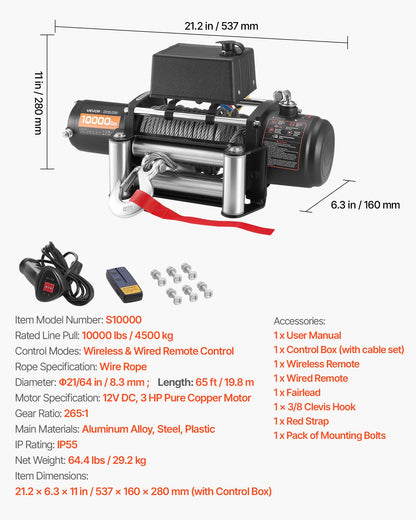 Electric Winch, 4500 kg Load Capacity, 12V DC Truck Winch with Φ8.3 mm x 19.8 m Steel Rope, Wireless & Wired Remote Control, IP55 Waterproof for Towing SUV Jeep Trailer Boat Off-Road Vehicle