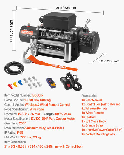 Electric Winch, 6100 kg Load Capacity, 12V DC Truck Winch with Φ9.5 mm x 24 m Steel Rope, Wireless & Wired Remote Control, IP55 Waterproof for Towing SUV Jeep Trailer Boat Off-Road Vehicle