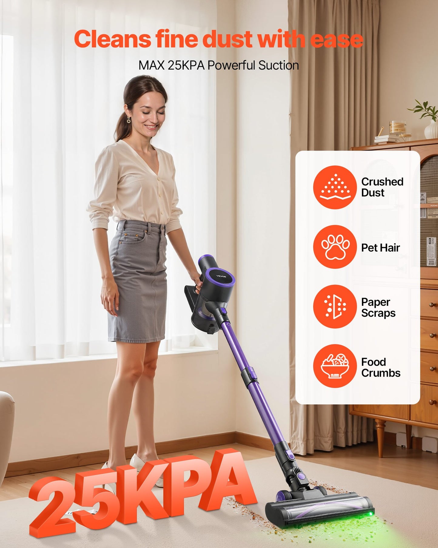 Cordless Vacuum Cleaner, 25KPA Max Powerful Suction, Rechargeable Anti-Tangle Stick Vacuum with Dust Cup, Lightweight Handheld Vac with 35mins Runtime for Home, Carpet, Pet Hair, Hard Floor