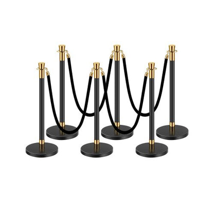 Stanchion Post, 6 Pcs Crowd Control Barrier with 4 Black Velvet Ropes, 5 ft Stainless Steel Stanchion Post Queue with Sand Injection Hollow Base for Theater, Party, Wedding, Exhibition, Black