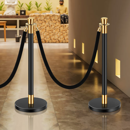 Stanchion Post, 6 Pcs Crowd Control Barrier with 4 Black Velvet Ropes, 5 ft Stainless Steel Stanchion Post Queue with Sand Injection Hollow Base for Theater, Party, Wedding, Exhibition, Black