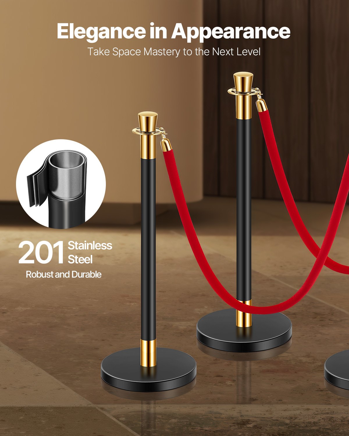 Stanchion Post, 6 Pcs Crowd Control Barrier with 4 Red Velvet Ropes, 5 ft Stainless Steel Black Stanchion Post Queue with Sand Injection Hollow Base for Theater, Party, Wedding, Exhibition
