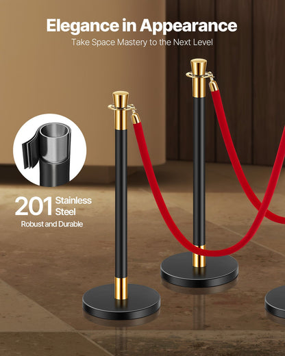 Stanchion Post, 6 Pcs Crowd Control Barrier with 4 Red Velvet Ropes, 5 ft Stainless Steel Black Stanchion Post Queue with Sand Injection Hollow Base for Theater, Party, Wedding, Exhibition