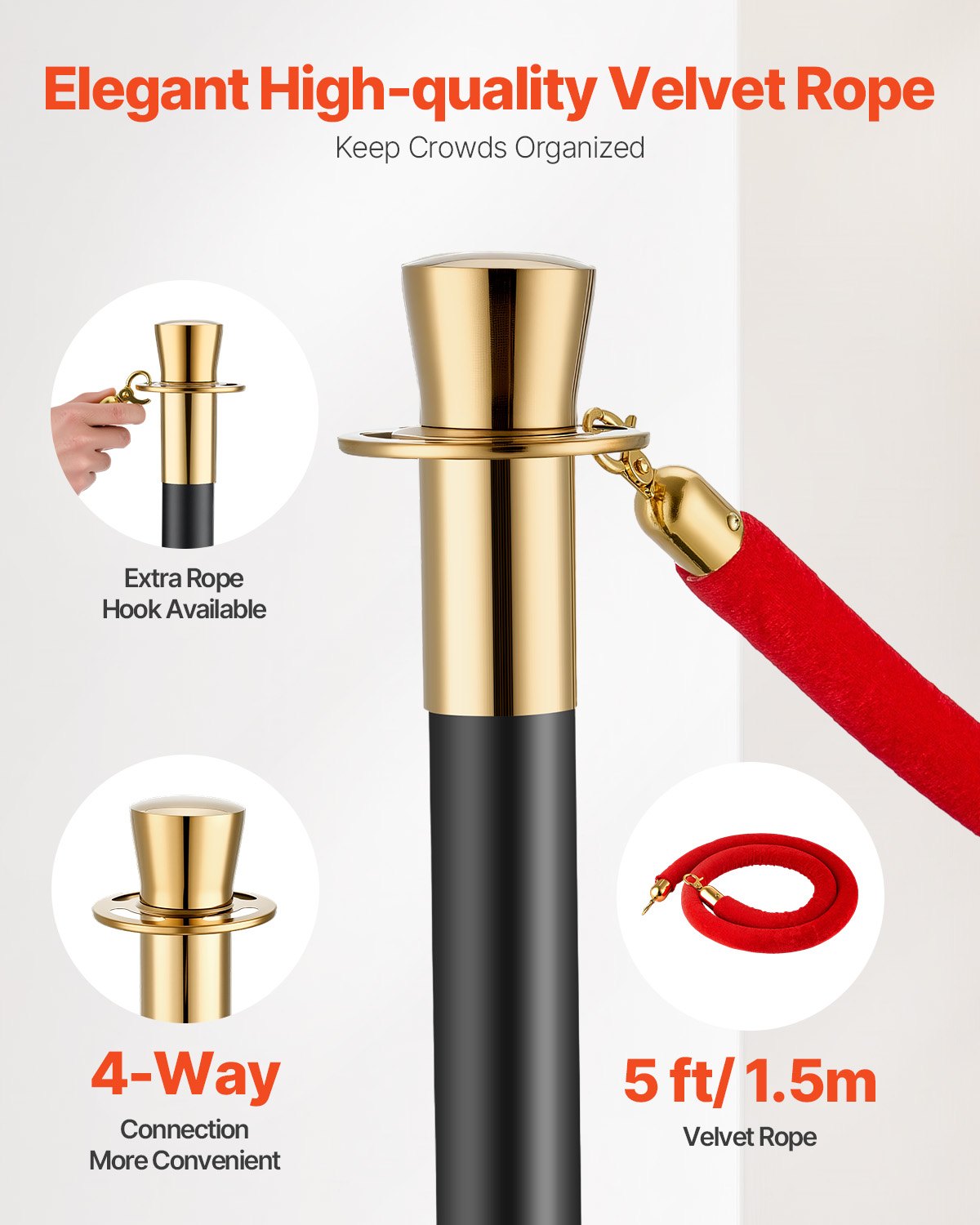 Stanchion Post, 6 Pcs Crowd Control Barrier with 4 Red Velvet Ropes, 5 ft Stainless Steel Black Stanchion Post Queue with Sand Injection Hollow Base for Theater, Party, Wedding, Exhibition