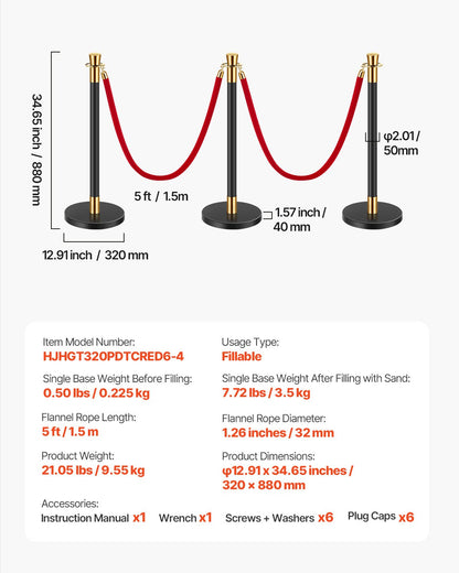Stanchion Post, 6 Pcs Crowd Control Barrier with 4 Red Velvet Ropes, 5 ft Stainless Steel Black Stanchion Post Queue with Sand Injection Hollow Base for Theater, Party, Wedding, Exhibition