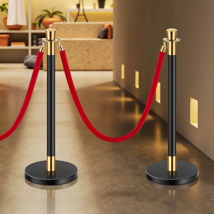 Stanchion Post, 6 Pcs Crowd Control Barrier with 4 Red Velvet Ropes, 5 ft Stainless Steel Black Stanchion Post Queue with Sand Injection Hollow Base for Theater, Party, Wedding, Exhibition