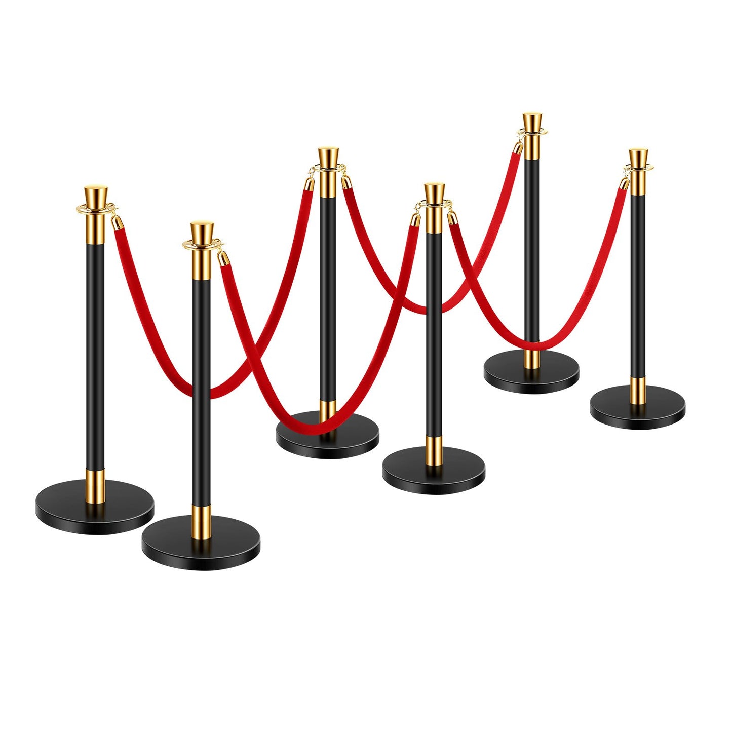 Stanchion Post, 6 Pcs Crowd Control Barrier with 4 Red Velvet Ropes, 5 ft Stainless Steel Black Stanchion Post Queue with Sand Injection Hollow Base for Theater, Party, Wedding, Exhibition