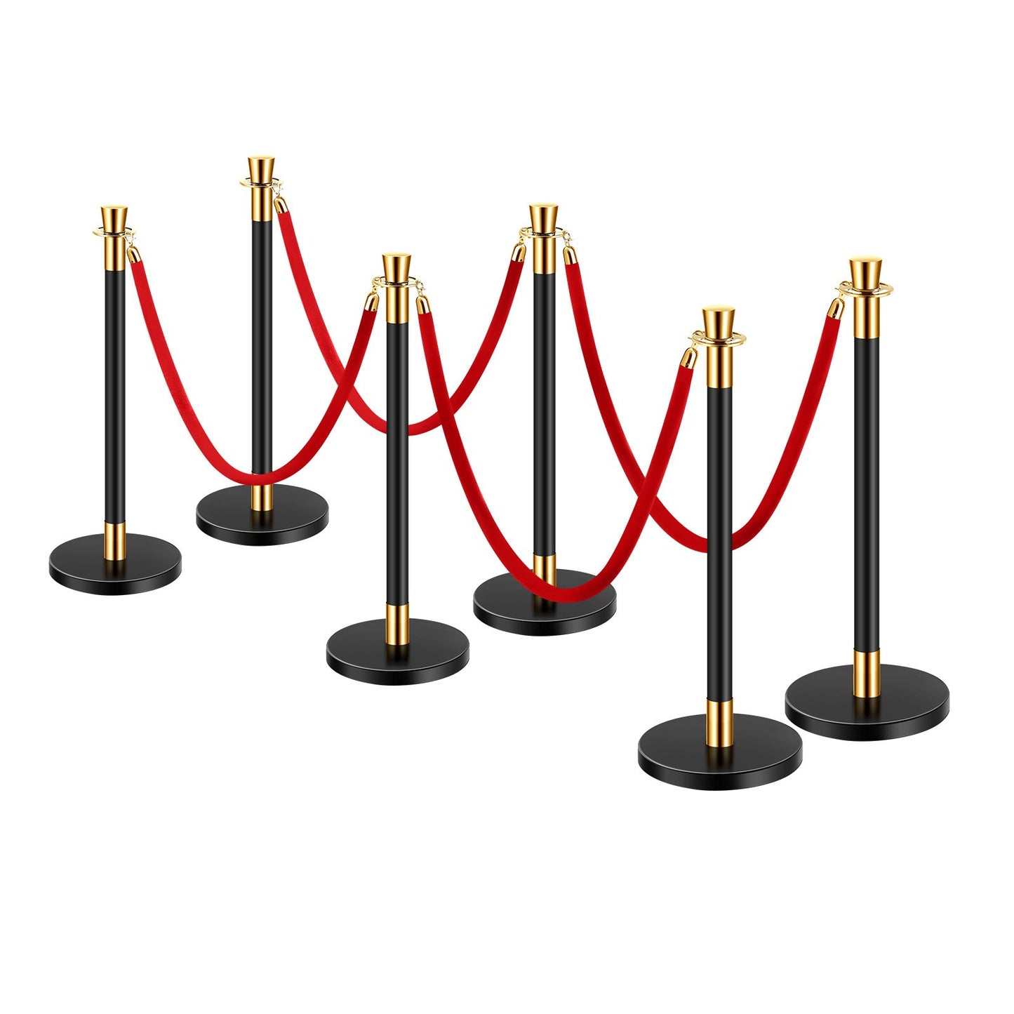 Stanchion Post, 6 Pcs Crowd Control Barrier with 4 Red Velvet Ropes, 5 ft Stainless Steel Black Stanchion Post Queue with Sand Injection Hollow Base for Theater, Party, Wedding, Exhibition