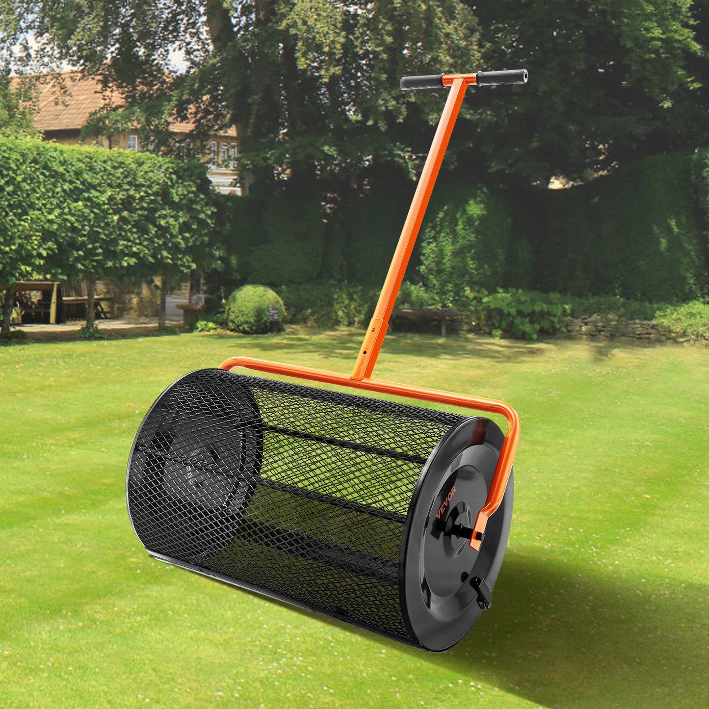 Compost Spreader, 24.4-25.6" Height Adjustable Handle, 24" Wide, Lawn and Garden Peat Moss Roller with Side Latches, Powder Coated Steel Mesh Basket for Spreading Manure, Topsoil, Black