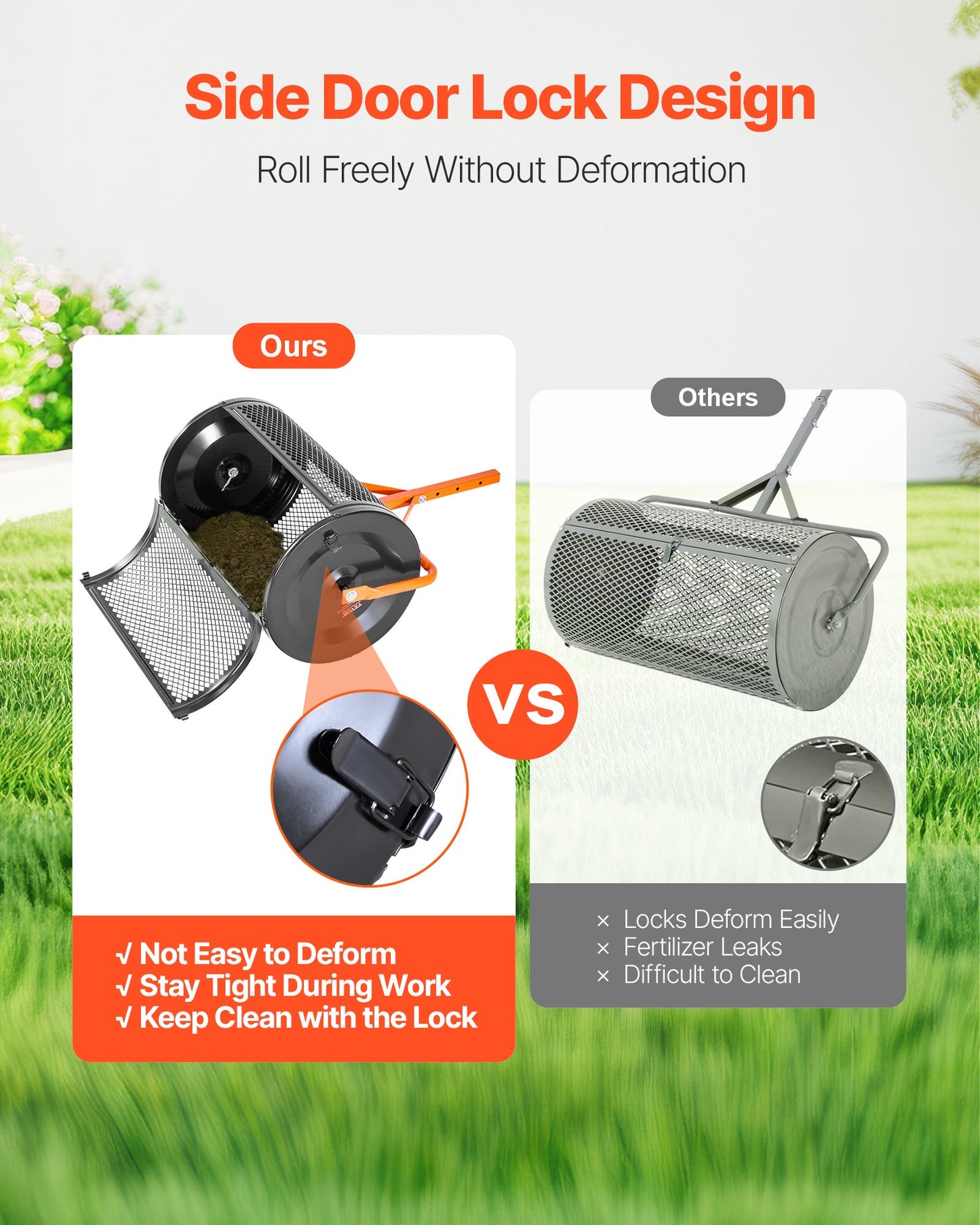 Kompoststreuer, 61 cm breiter Torfstreuer mit T-förmigem Griff, 3-fach höhenverstellbar, pulverbeschichtete Stahl-Gartentorfwalze, robuster Rasensamenstreuer zum Pflanzen und Aussäen