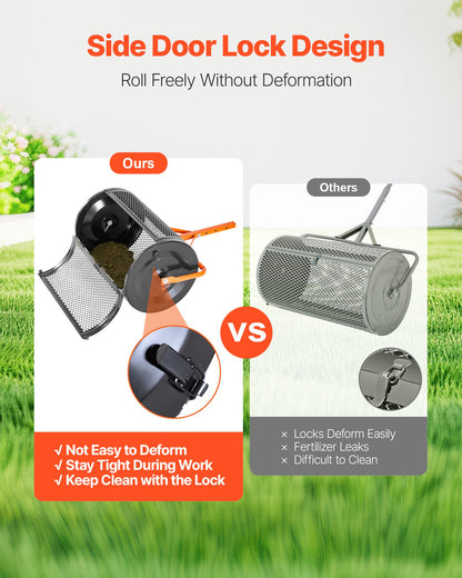 Kompoststreuer, 61 cm breiter Torfstreuer mit T-förmigem Griff, 3-fach höhenverstellbar, pulverbeschichtete Stahl-Gartentorfwalze, robuster Rasensamenstreuer zum Pflanzen und Aussäen