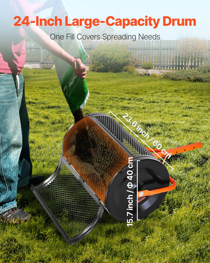 Kompoststreuer, 61 cm breiter Torfstreuer mit T-förmigem Griff, 3-fach höhenverstellbar, pulverbeschichtete Stahl-Gartentorfwalze, robuster Rasensamenstreuer zum Pflanzen und Aussäen