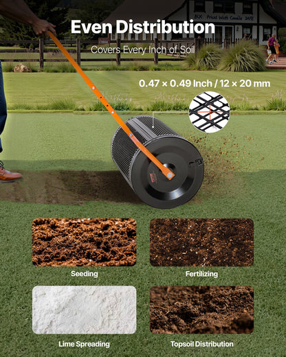 Kompoststreuer, 61 cm breiter Torfstreuer mit T-förmigem Griff, 3-fach höhenverstellbar, pulverbeschichtete Stahl-Gartentorfwalze, robuster Rasensamenstreuer zum Pflanzen und Aussäen