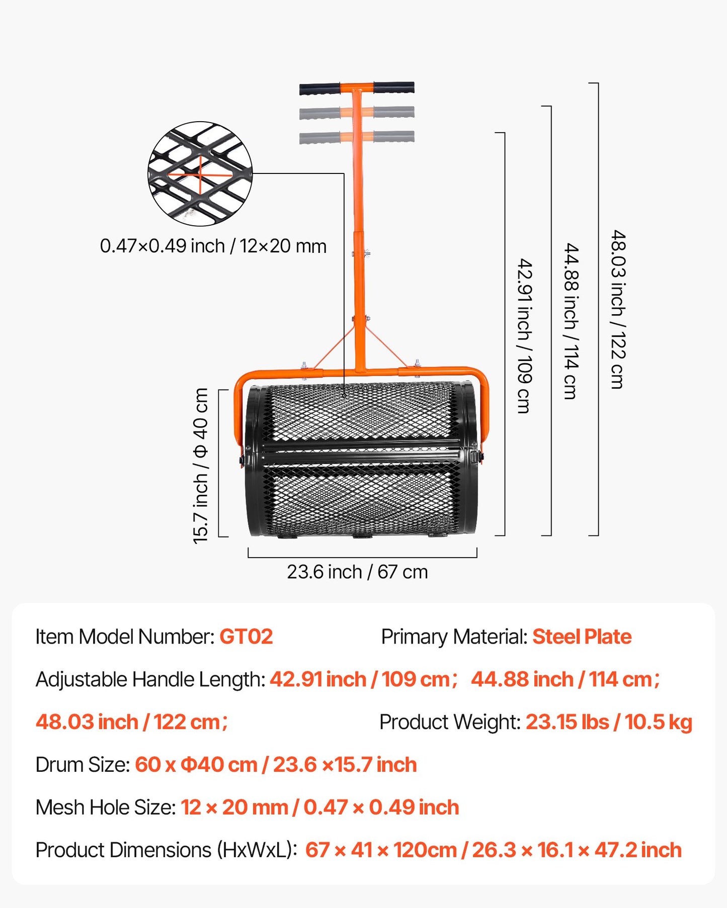 Kompoststreuer, 61 cm breiter Torfstreuer mit T-förmigem Griff, 3-fach höhenverstellbar, pulverbeschichtete Stahl-Gartentorfwalze, robuster Rasensamenstreuer zum Pflanzen und Aussäen